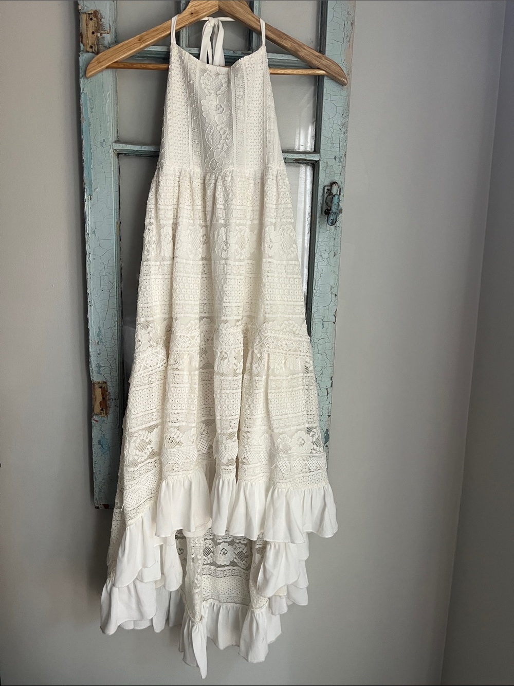 Girls' Cream Lace Halter Maxi Dress with Ruffle Hem